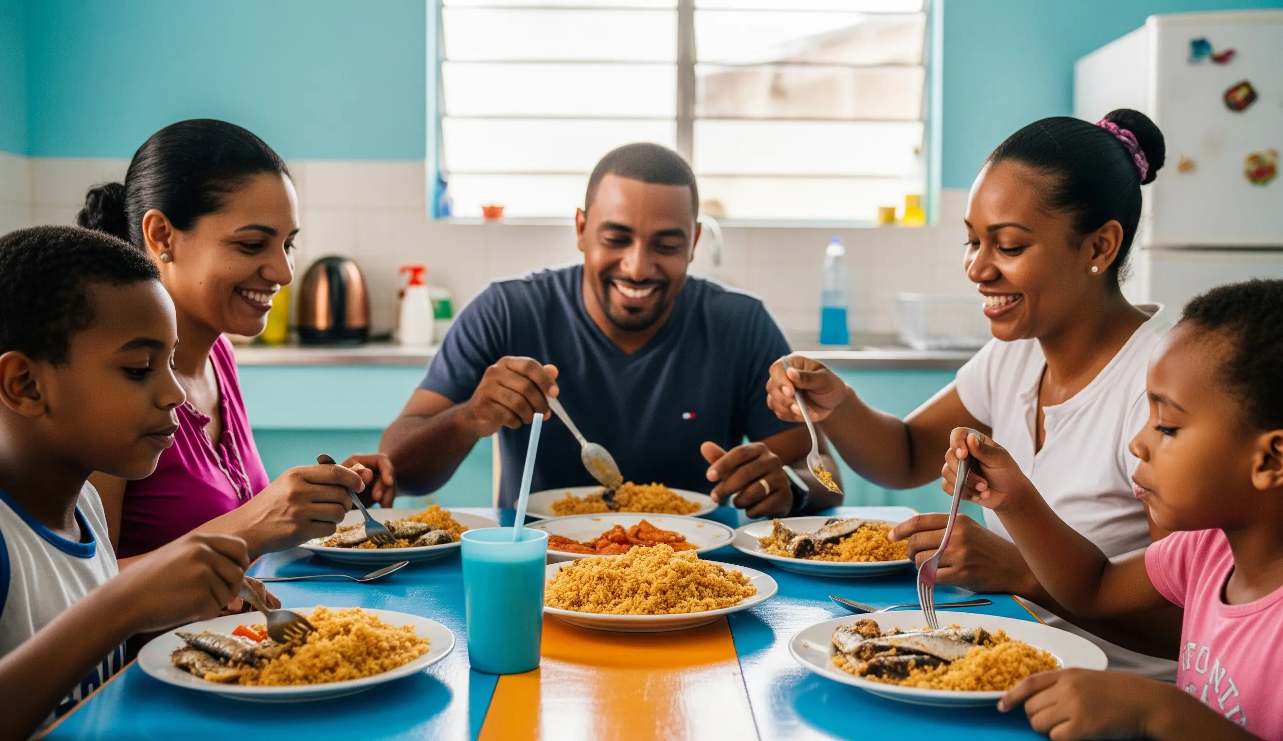 Familia dominicana disfrutando una comida con productos Jato